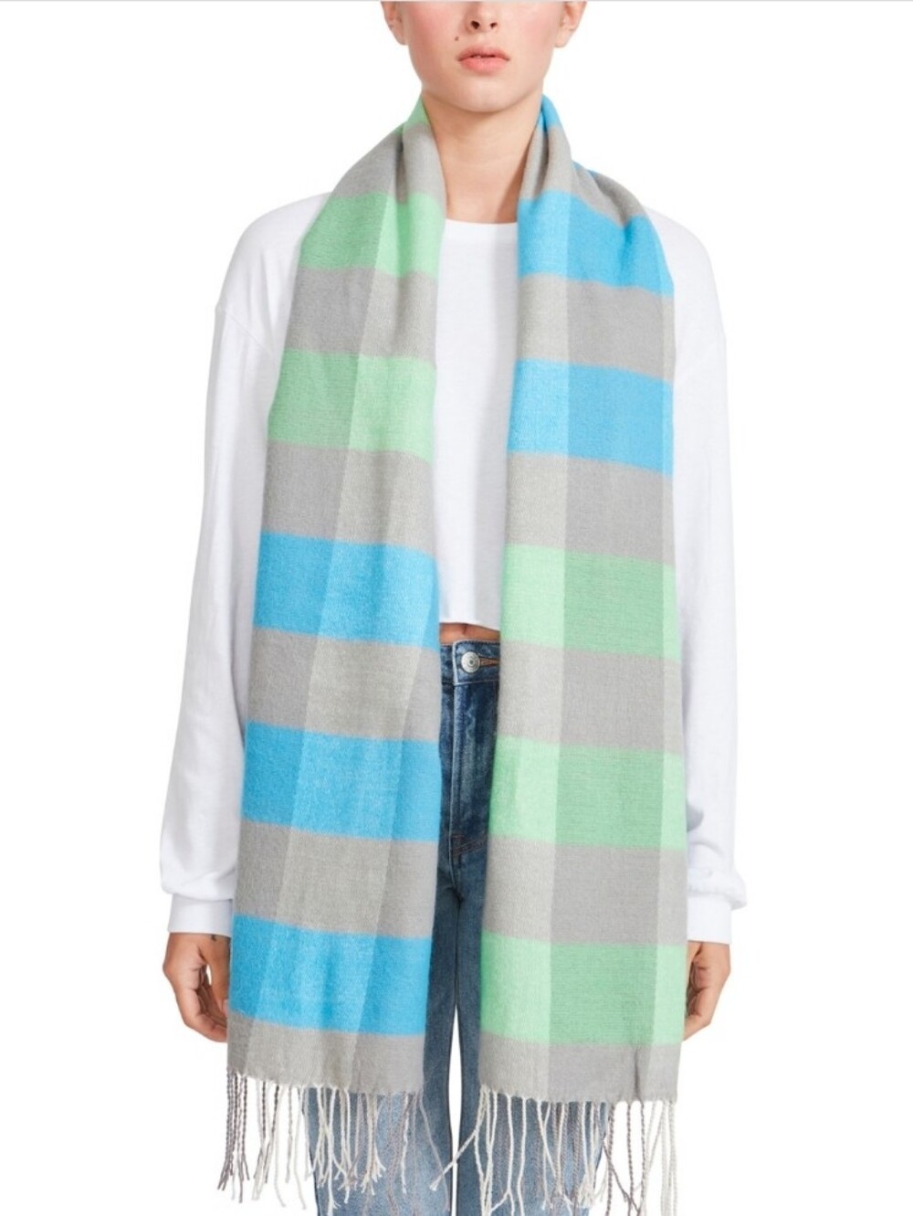 Steve Madden Cozy Gray Scarf with Blue & Mint Stripes. NWT. Gift Fall Winter